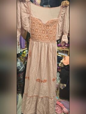 MEXICANA Pink Hand Embroidered Peasant Dress with Rust Accents